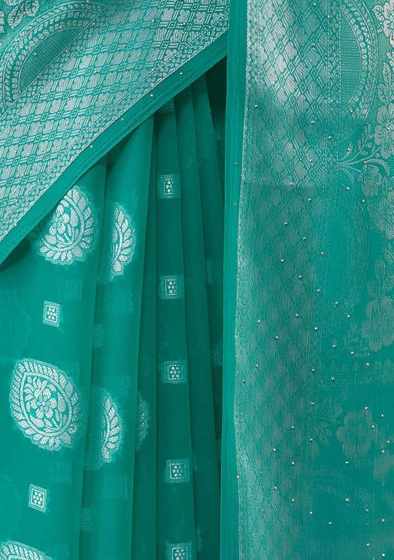 Turquoise Blue Embroidered Blended Saree Set - Indya