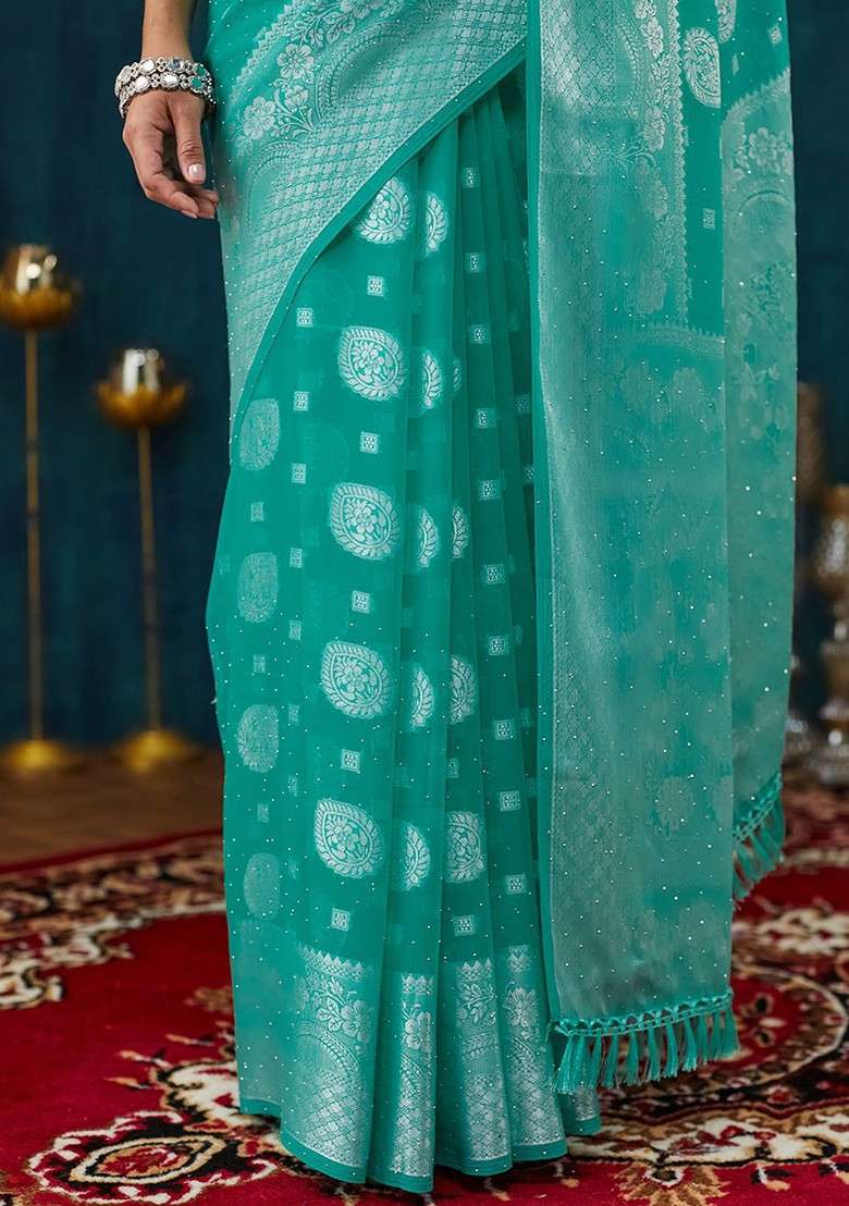 Turquoise Blue Embroidered Blended Saree Set - Indya