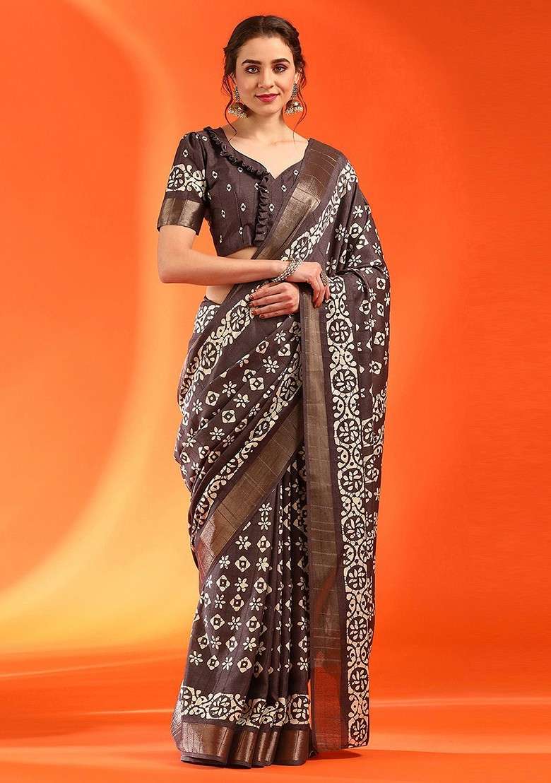Brown Embroidered Blended Saree Set - Indya