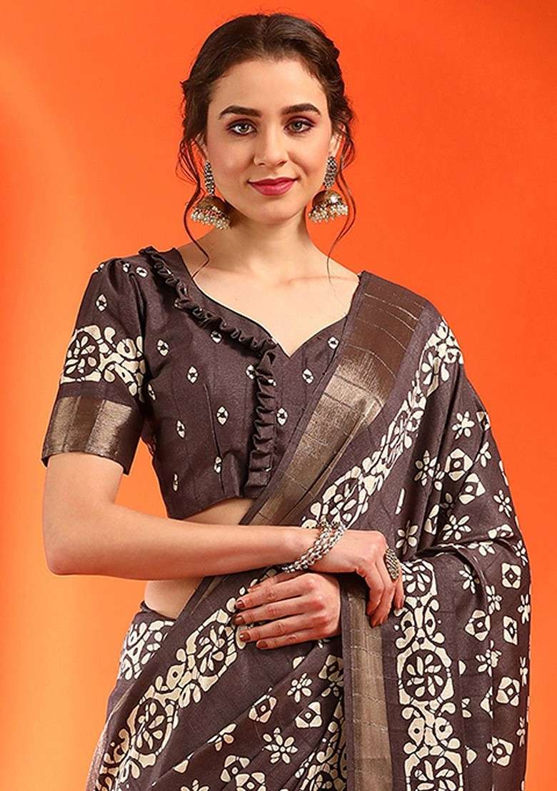 Brown Embroidered Blended Saree Set - Indya