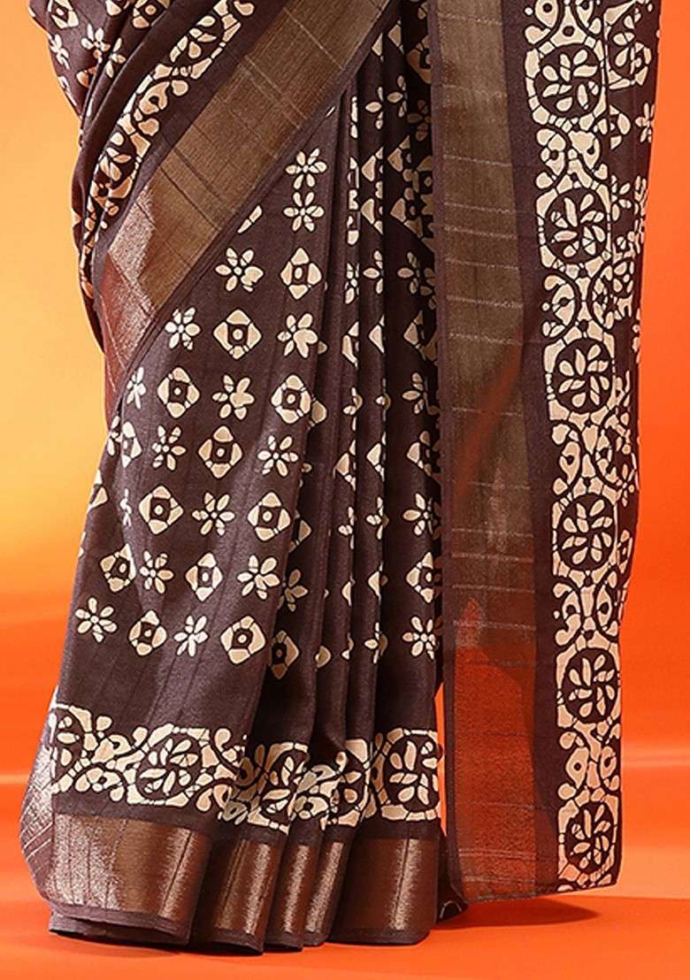 Brown Embroidered Blended Saree Set - Indya