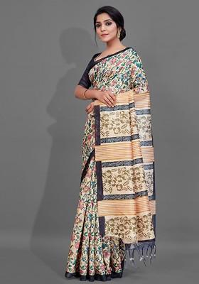 Cream Embroidered Blended Saree Set