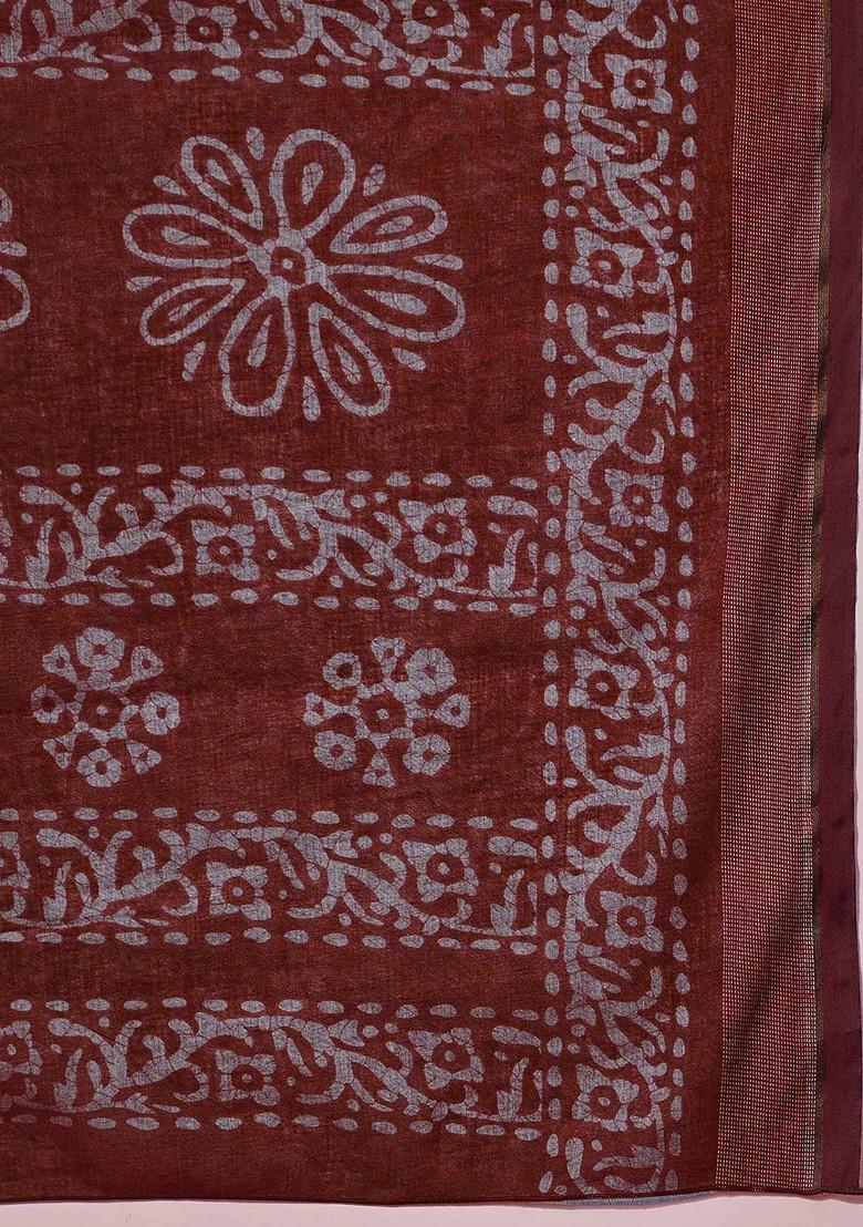 Maroon Bagru Printed Blended Saree Set