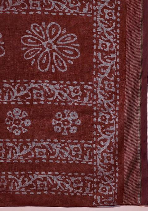 Maroon Bagru Printed Blended Saree Set