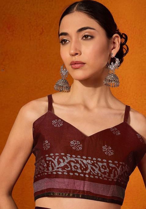 Maroon Bagru Printed Blended Saree Set