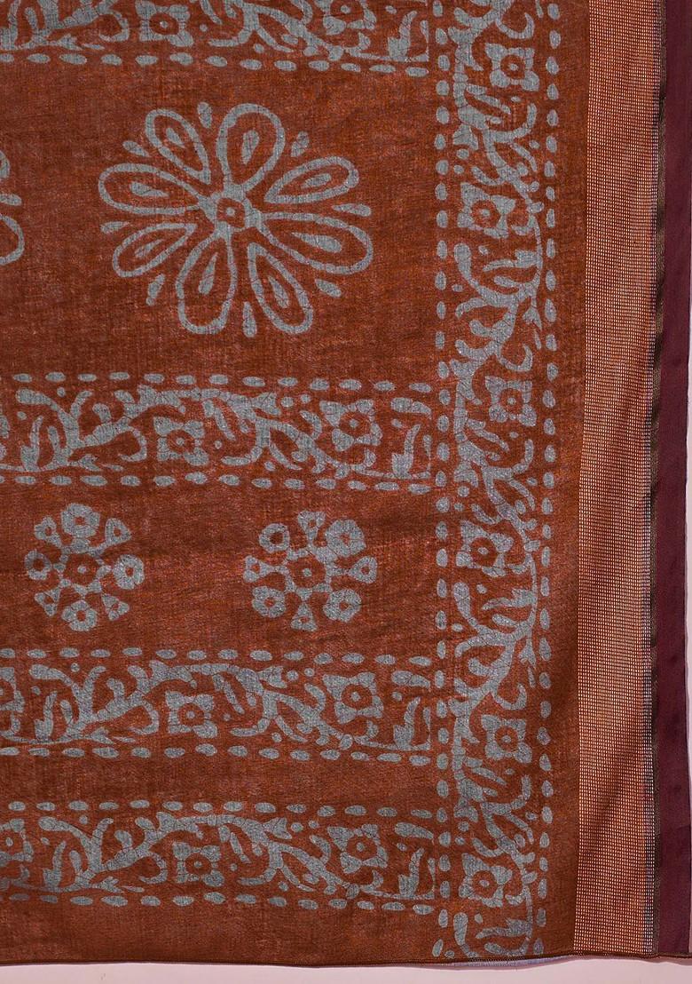 Rust Bagru Printed Blended Saree Set