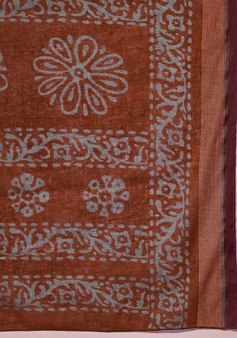 Rust Bagru Printed Blended Saree Set