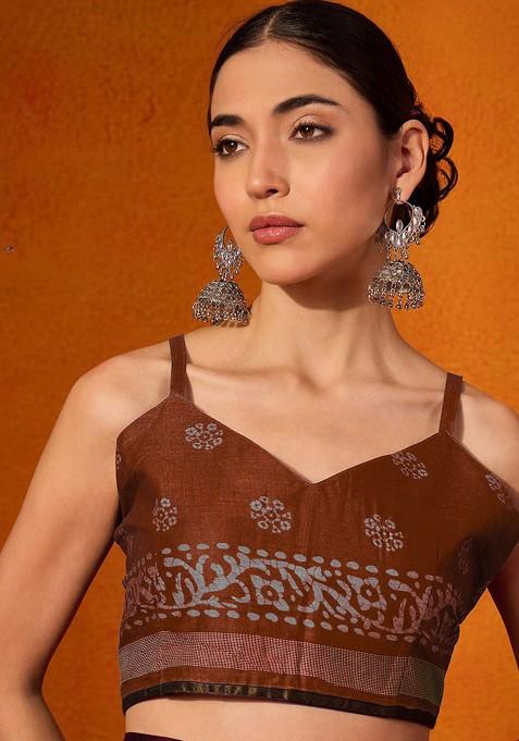 Rust Bagru Printed Blended Saree Set