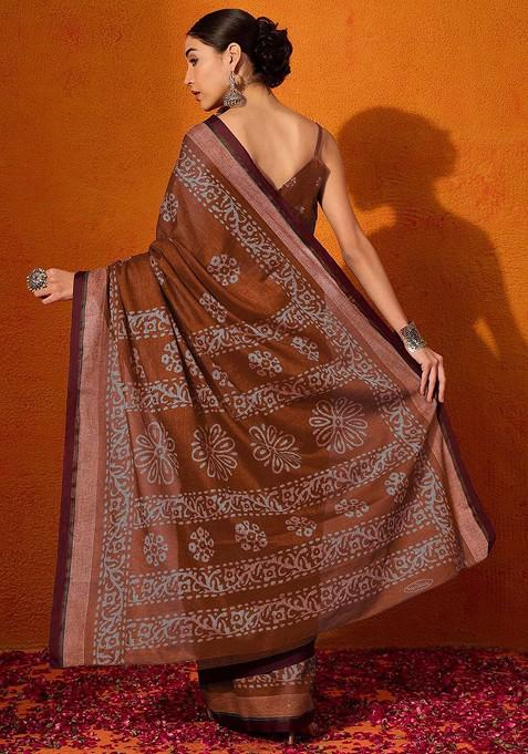 Rust Bagru Printed Blended Saree Set