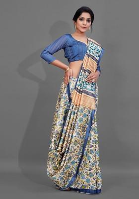 Cream Embroidered Blended Saree Set