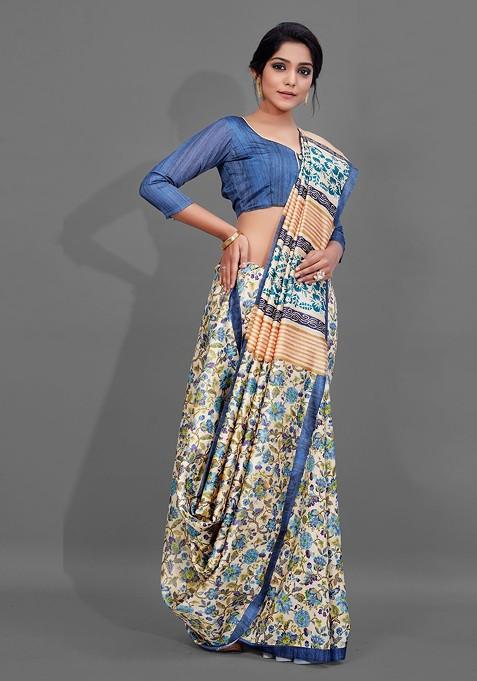 Cream Embroidered Blended Saree Set