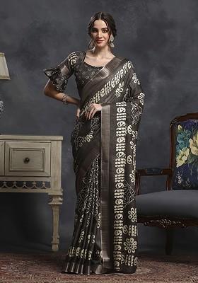 Coffee Brown Embroidered Blended Saree Set