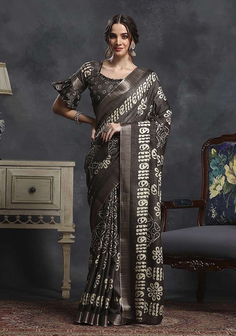 Coffee Brown Embroidered Blended Saree Set for Diwali and Festive Wear - Indya