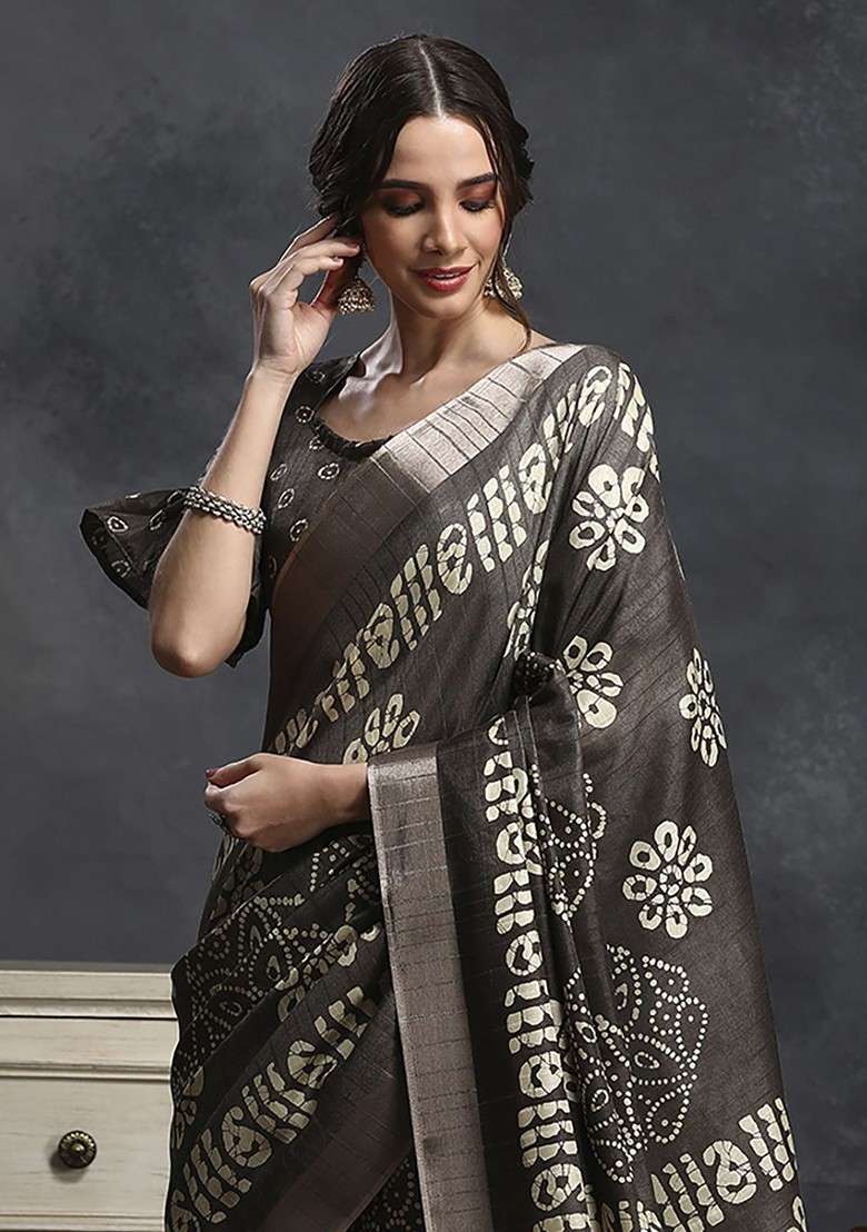 Coffee Brown Embroidered Blended Saree Set for Diwali and Festive Wear - Indya
