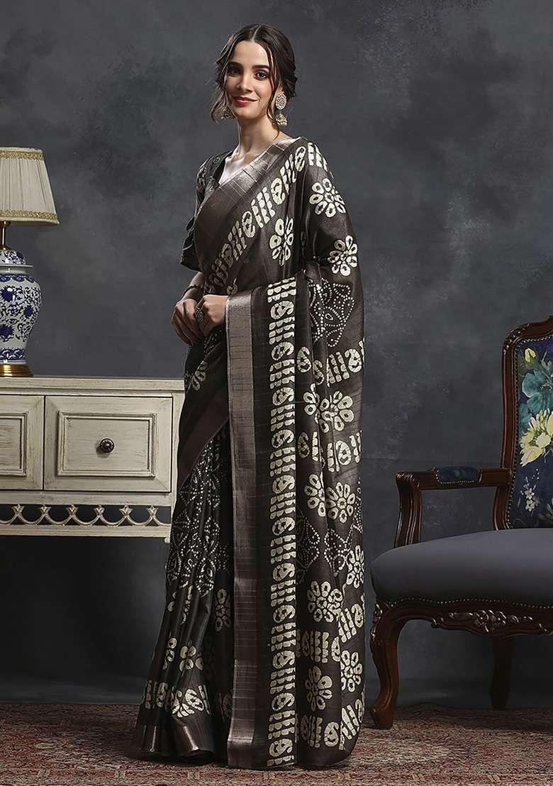 Coffee Brown Embroidered Blended Saree Set for Diwali and Festive Wear - Indya