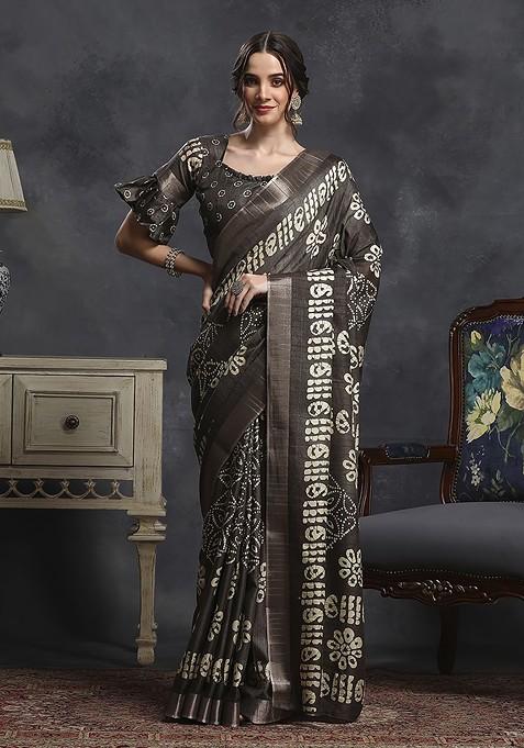 Coffee Brown Embroidered Blended Saree Set — view on Indya