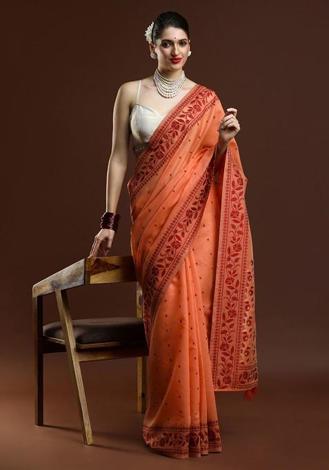 Orange Embroidered Blended Saree Set