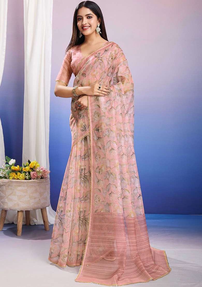 Peach Printed Blended Saree Set - Indya