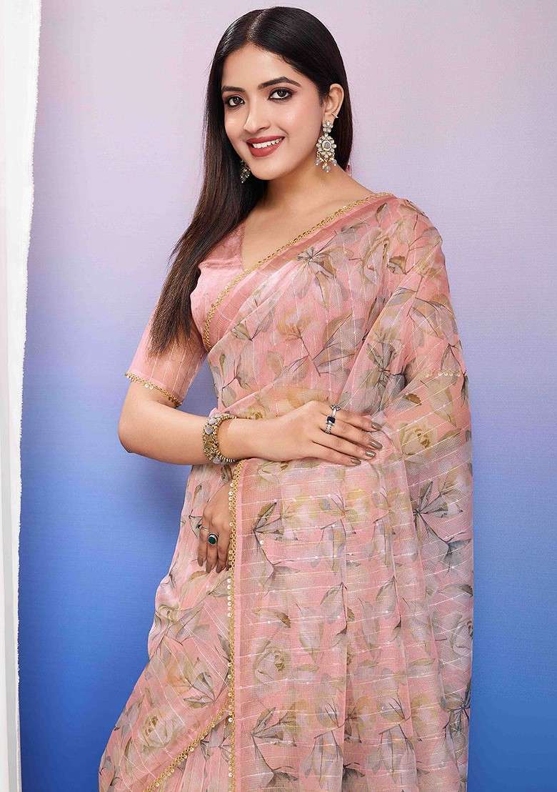 Peach Printed Blended Saree Set - Indya