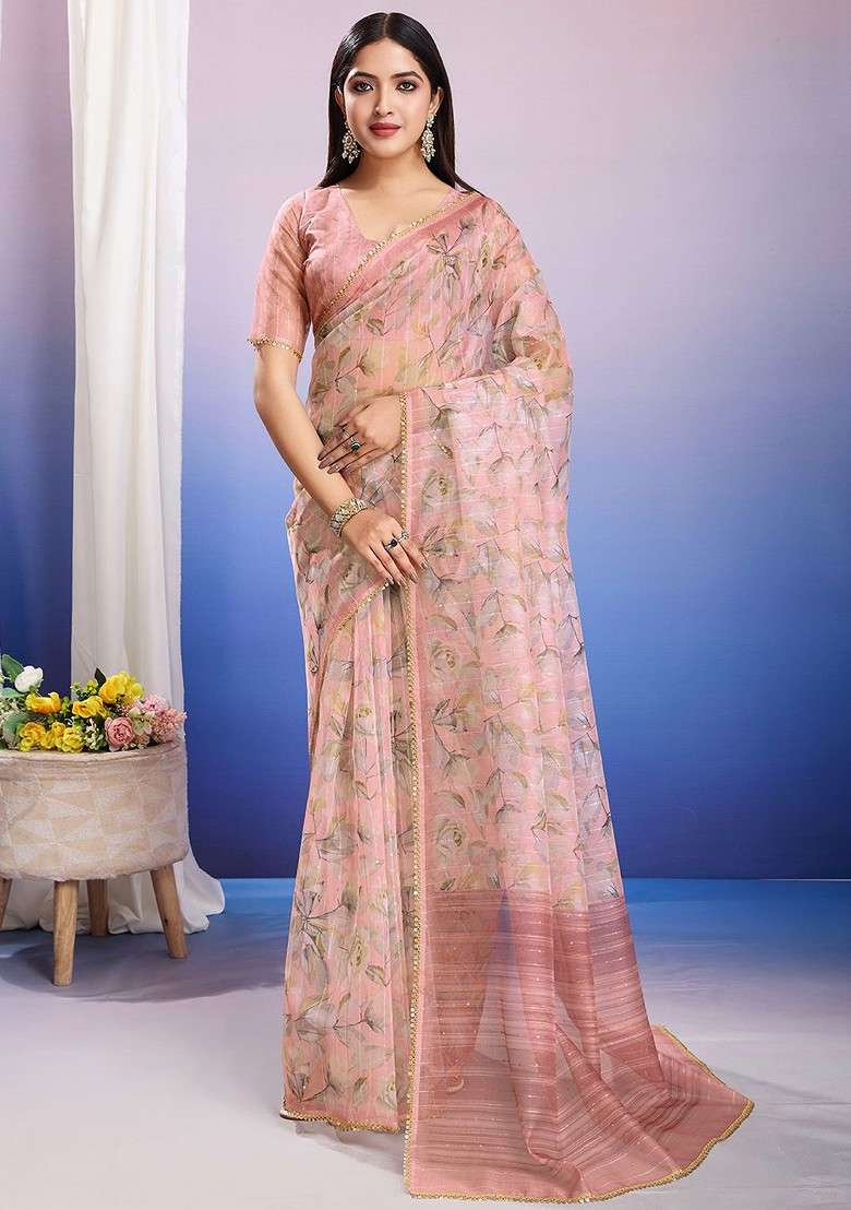 Peach Printed Blended Saree Set - Indya