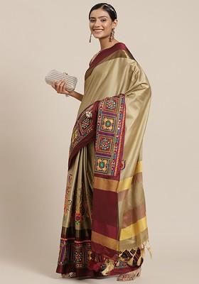Beige Embroidered Blended Saree Set