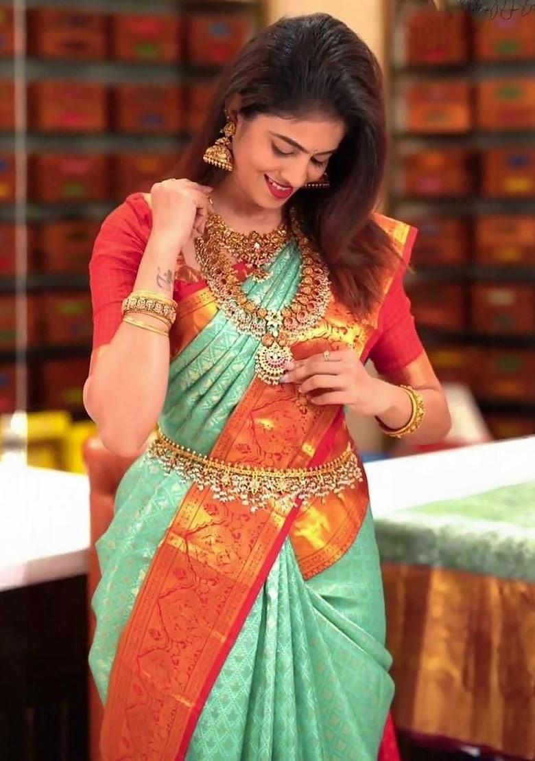 Green Embroidered Blended Saree Set