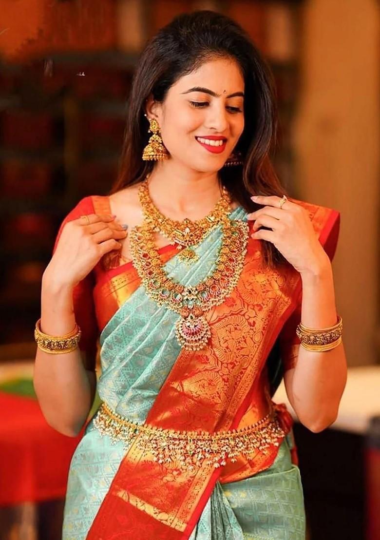 Green Embroidered Blended Saree Set