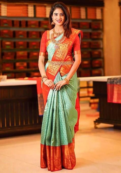 Green Embroidered Blended Saree Set