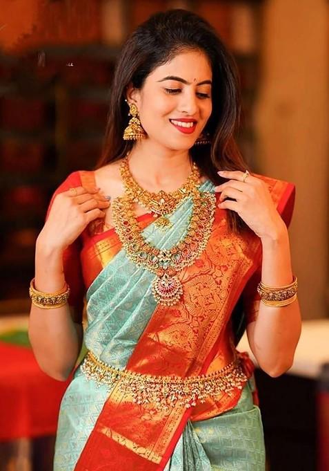 Green Embroidered Blended Saree Set