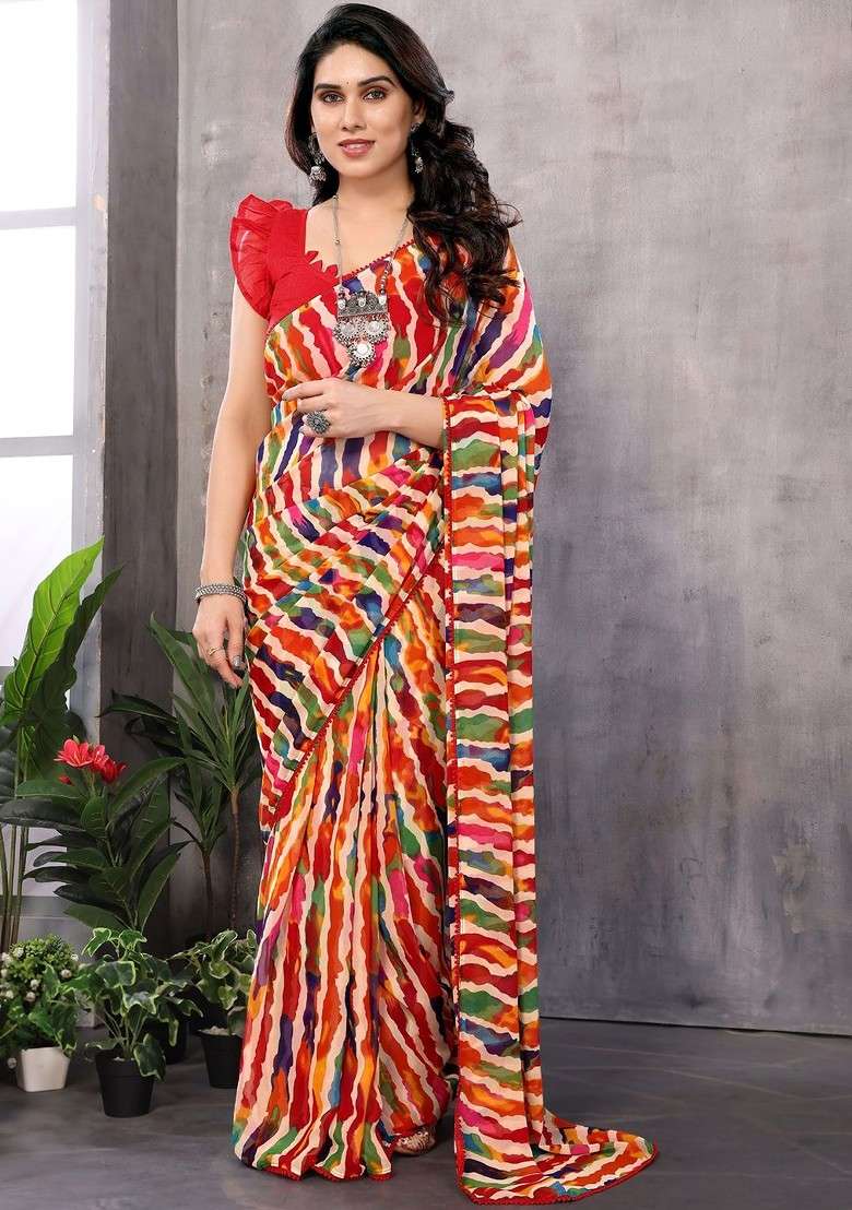 Red Embroidered Blended Saree Set - Indya