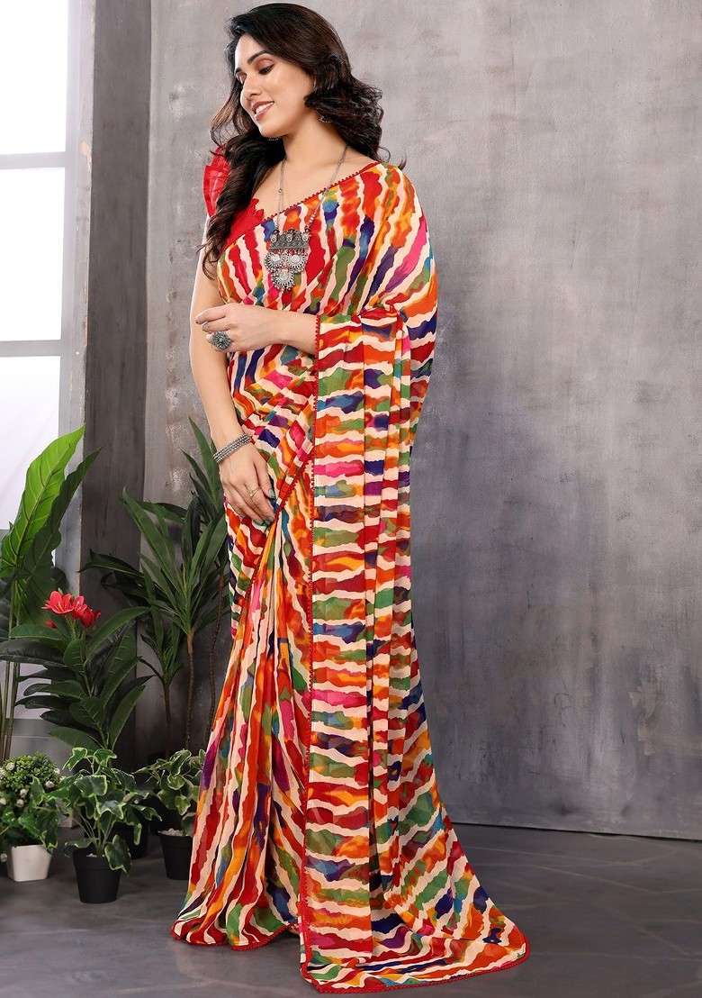 Red Embroidered Blended Saree Set - Indya