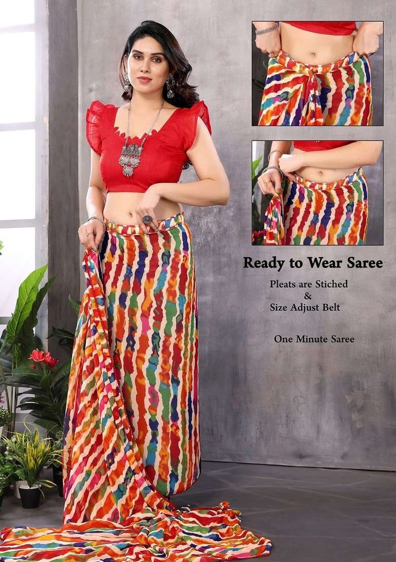 Red Embroidered Blended Saree Set - Indya