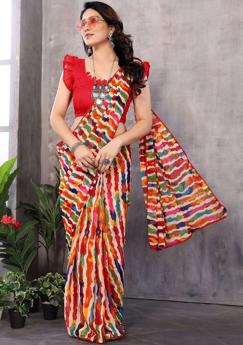 Red Embroidered Blended Saree Set - Indya