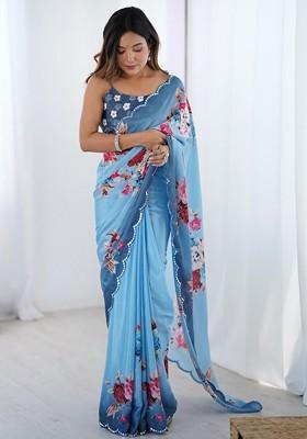Turquoise Blue Printed Blended Saree Set
