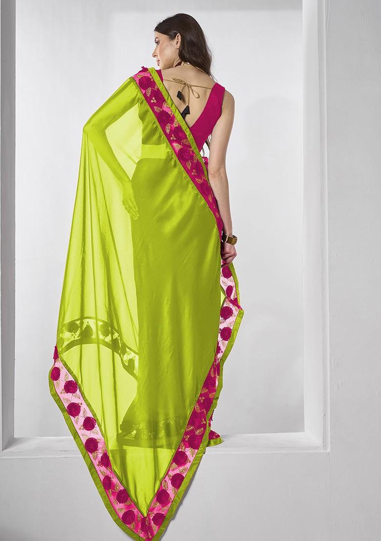 Fluorescent Green Embellished Blended Saree Set