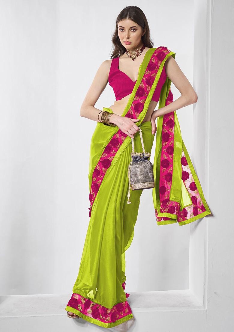 Fluorescent Green Embellished Blended Saree Set