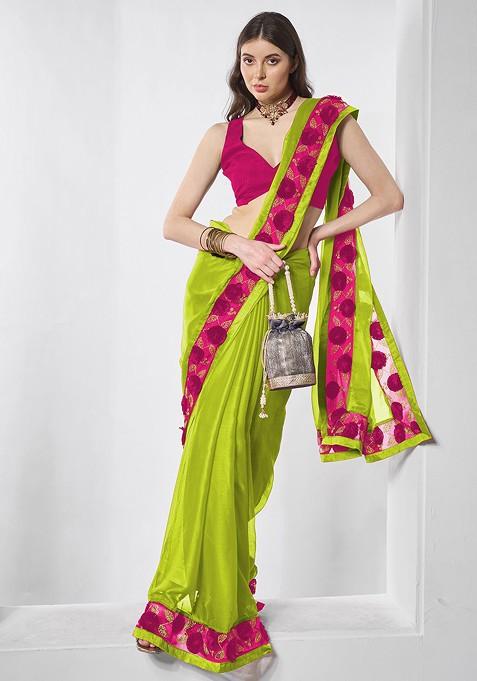 Fluorescent Green Embellished Blended Saree Set