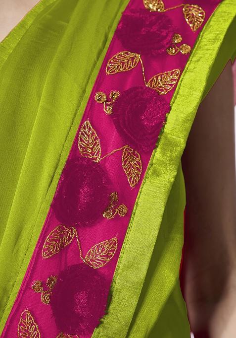 Fluorescent Green Embellished Blended Saree Set