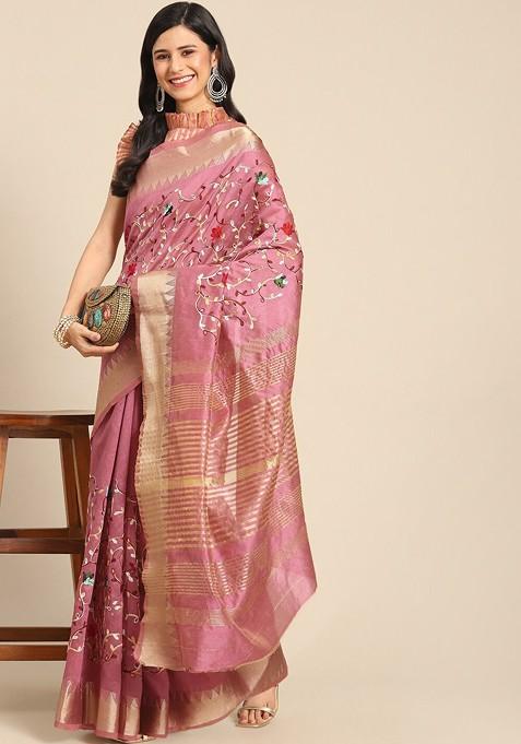 Pink Embroidered Blended Saree Set
