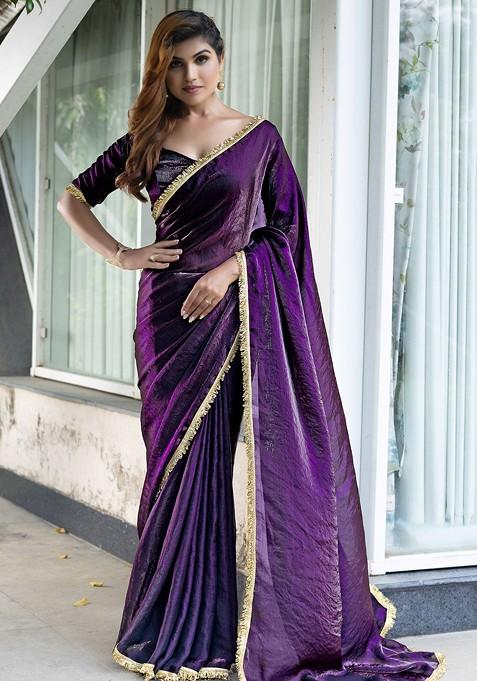 Pink Embellished Blended Saree Set