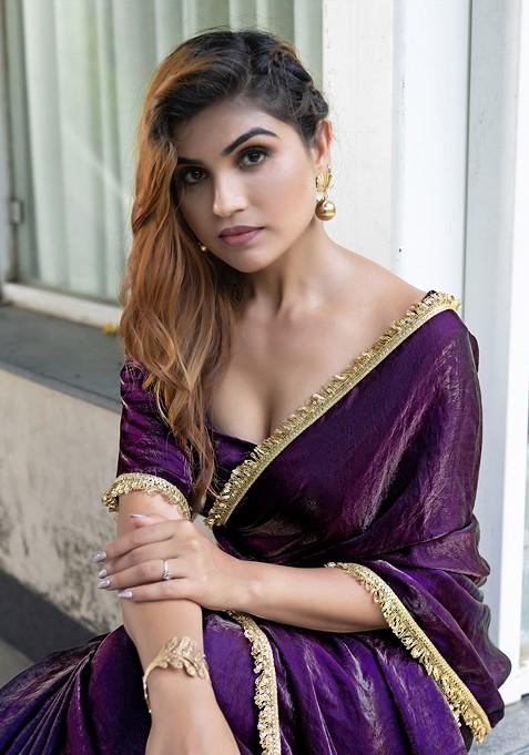 Pink Embellished Blended Saree Set