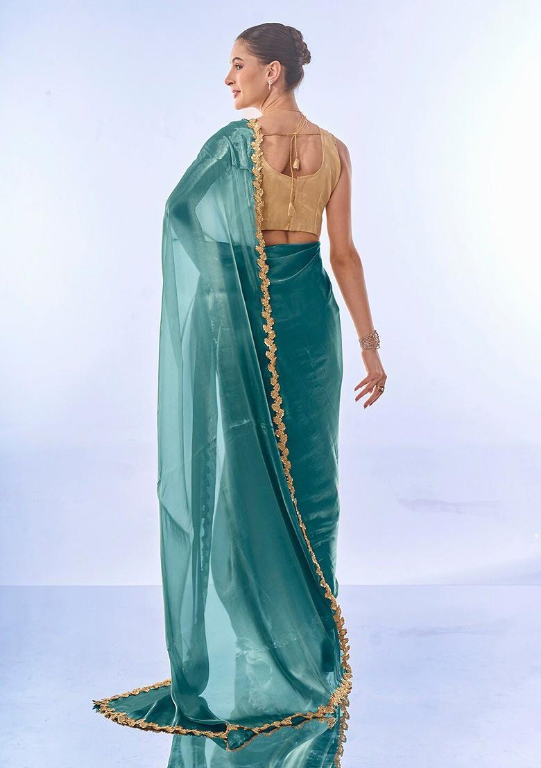 Teal Sequin Embellished Blended Saree Set