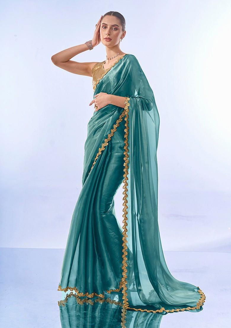 Teal Sequin Embellished Blended Saree Set