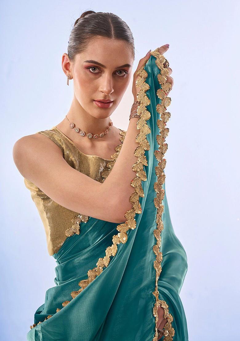 Teal Sequin Embellished Blended Saree Set