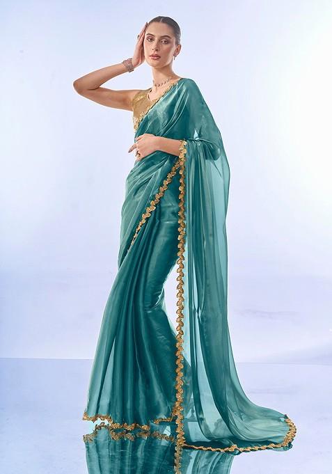 Teal Sequin Embellished Blended Saree Set
