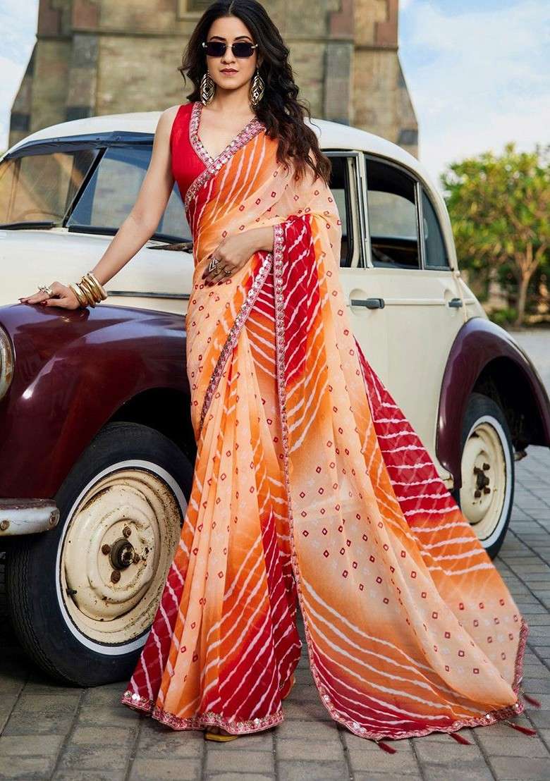 Orange Blended Saree Set with Printed for Diwali | Wedding & Festive Wear - Indya