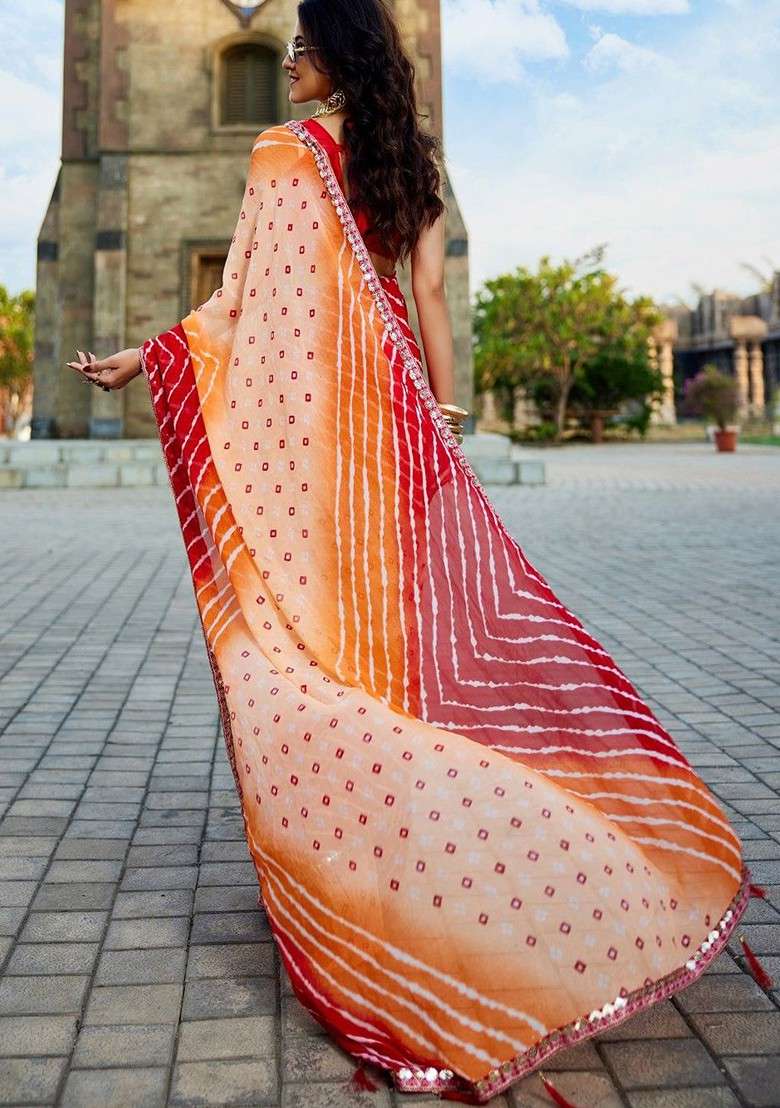 Orange Blended Saree Set with Printed for Diwali | Wedding & Festive Wear - Indya