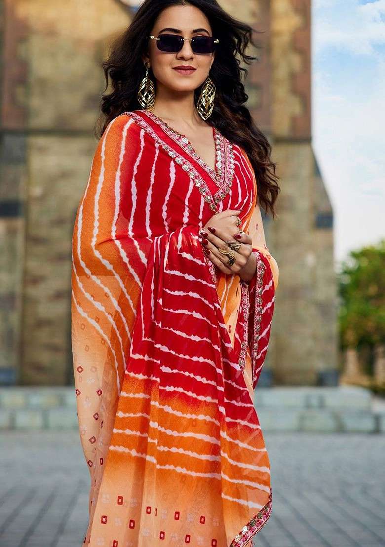 Orange Blended Saree Set with Printed for Diwali | Wedding & Festive Wear - Indya