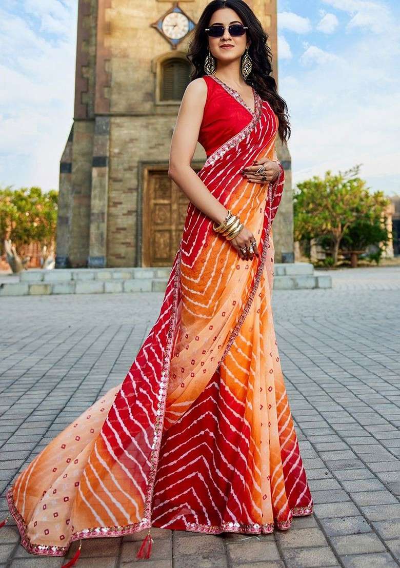 Orange Blended Saree Set with Printed for Diwali | Wedding & Festive Wear - Indya