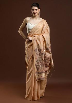 Beige Embroidered Blended Saree Set